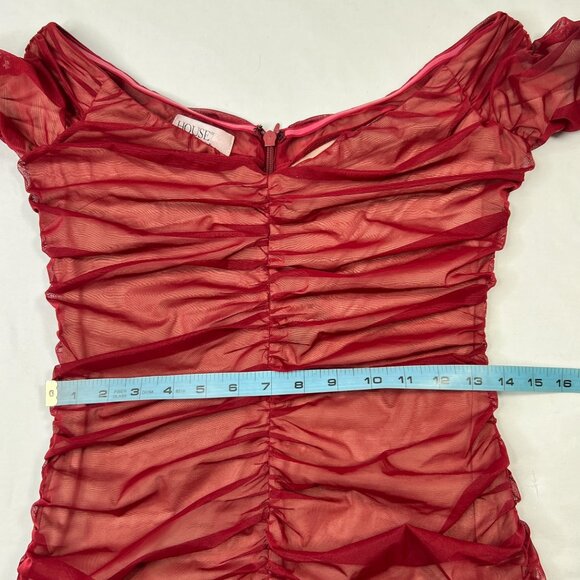 House of CB London Fifi Dress Sheer Ruched Mini Off Shoulder Red Wine Medium - Picture 7 of 16